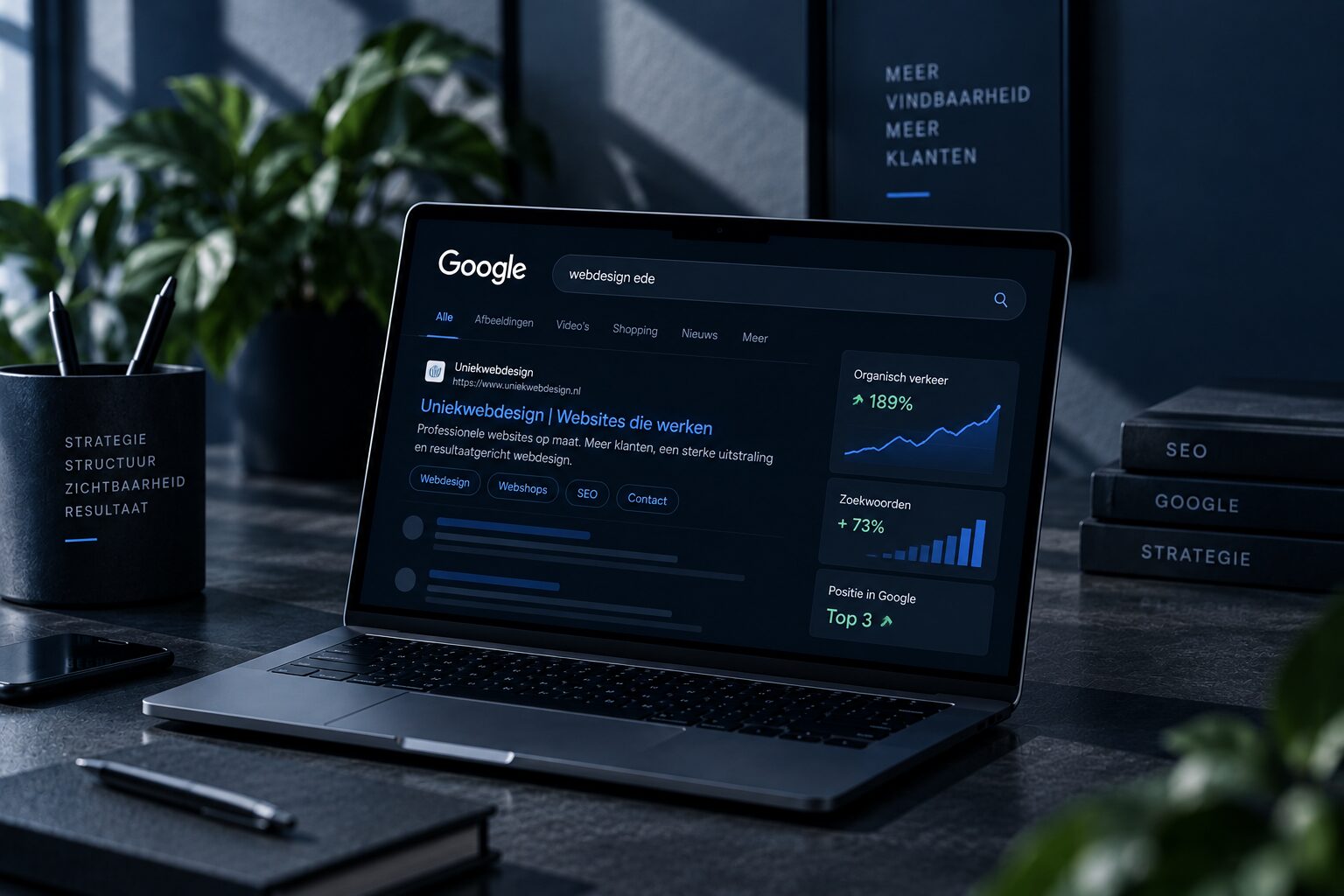 Een zoekresultaat van Uniek Webdesign in Google, met cijfers over organisch verkeer, zoekwoorden en positie