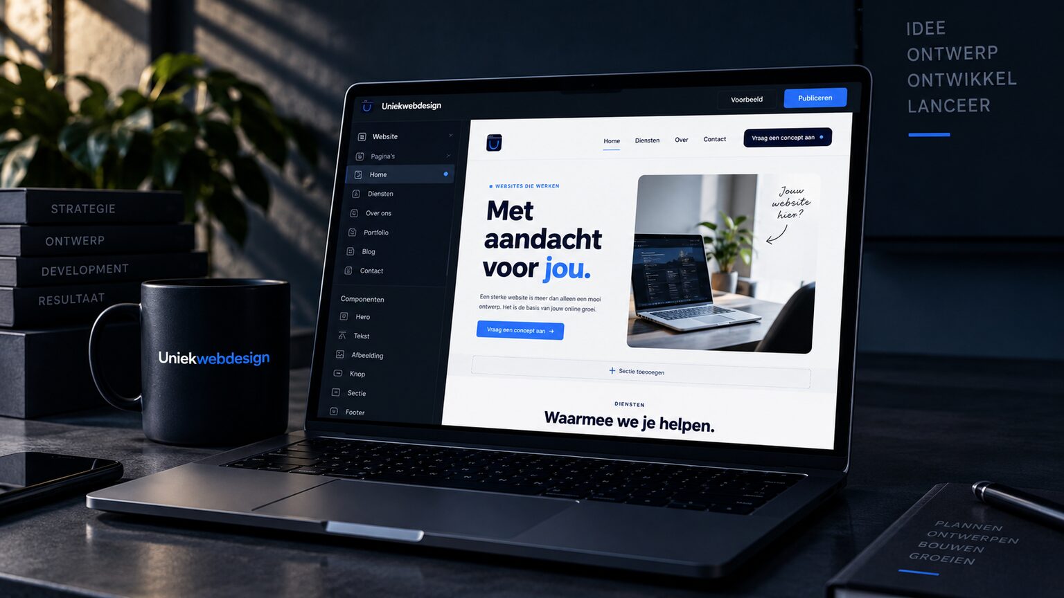 Een website in opbouw op het scherm, met de pagina naast de opbouw ernaast